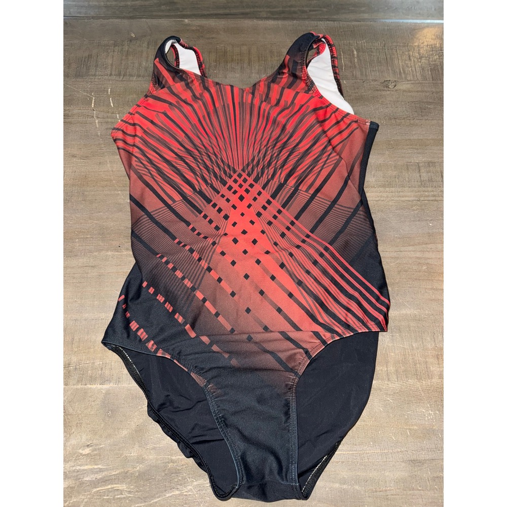 Destira Red Black Geometric Graphic Keyhole Back Gymnastics Leotard Womens